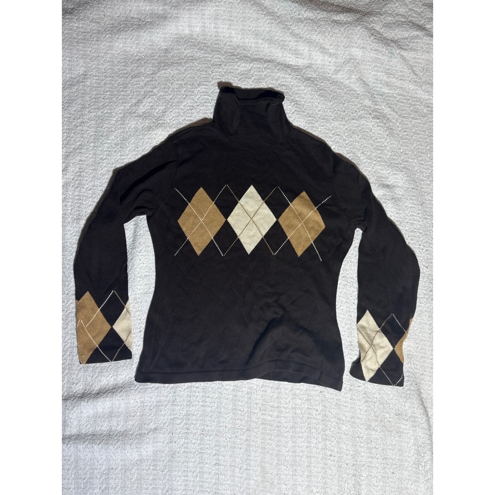 Argyle Turtleneck Sweater Womens Medium Brown Tan Preppy Dark‎ Academia Knit Top